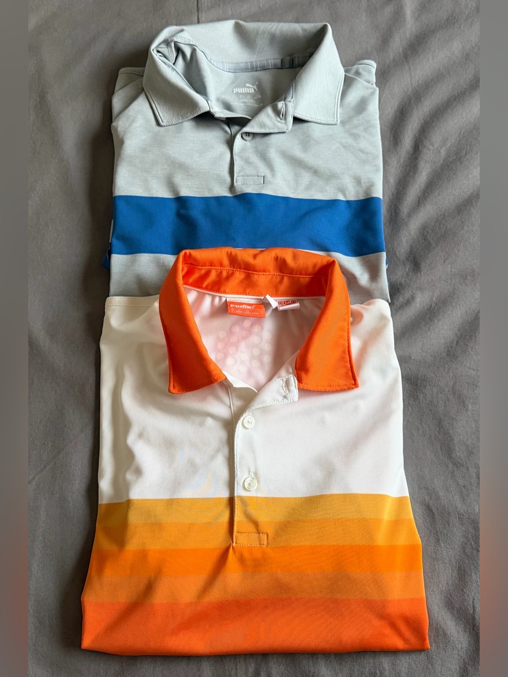 Lot Of 2 Puma Performance Golf Polos Men’s Size Large Striped Orange & Gray/Blue